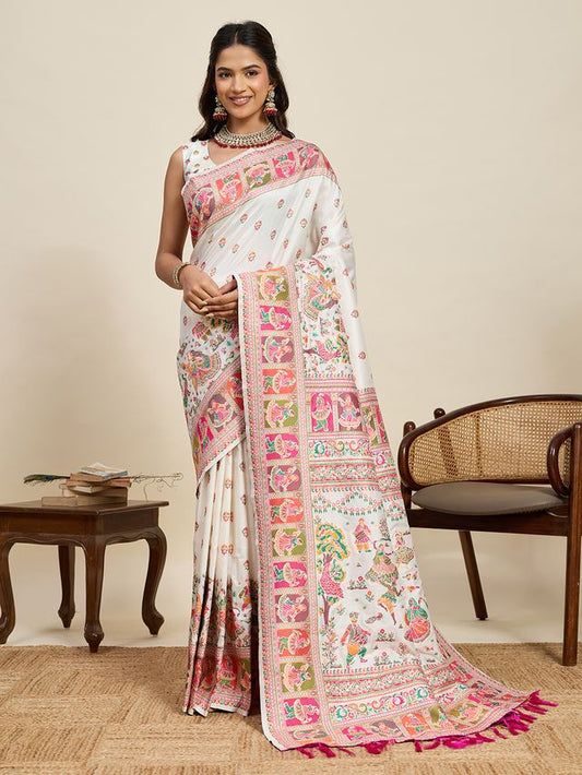 Off White Color Beautiful Silk Blended Meenakari Designer Ethnic Partywear Saree