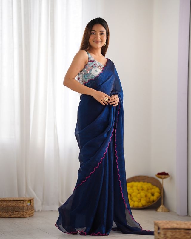 Petrol Color Beautiful Bollywood Style Ceremonial Saree With Beeds Work Blouse