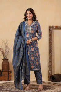 Blue Color Cotton Fabric Stylish And Trendy Kurta Set For Ethnic Girls