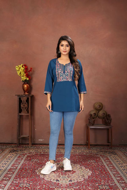 Blue Color Rinkal Cotton Fabric Formal Looking Casual Short Kurta