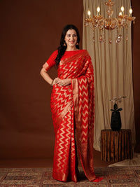 Red Color Beautiful Woven Ethnic Georgette Fabric Ceremonial Saree