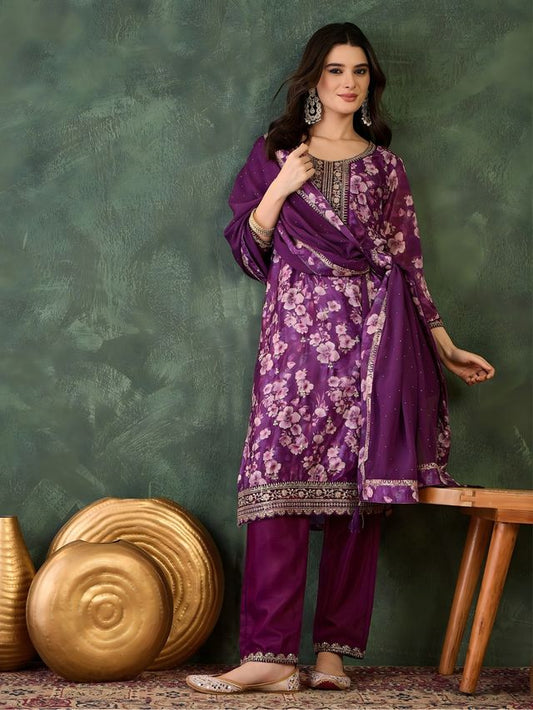 Wine Color Chinon Silk Fabric Designer Embroidery Work Graceful Partywear Suit
