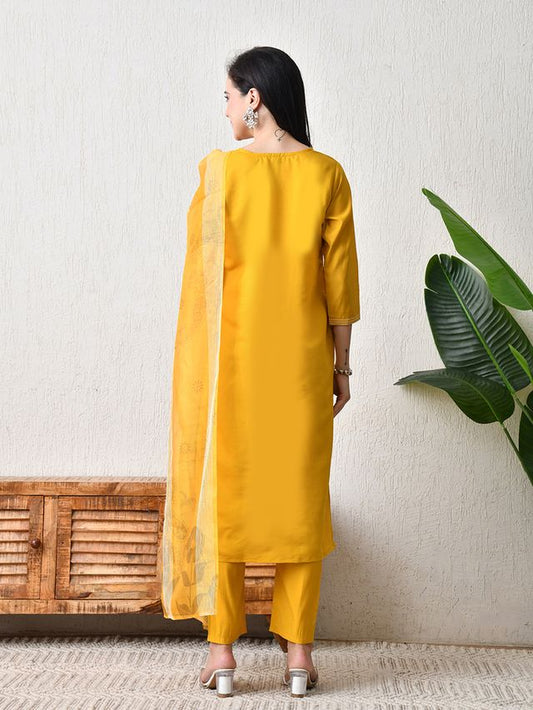 Yellow Color Roman Silk Fabric Designer Partywear Readymade Suit