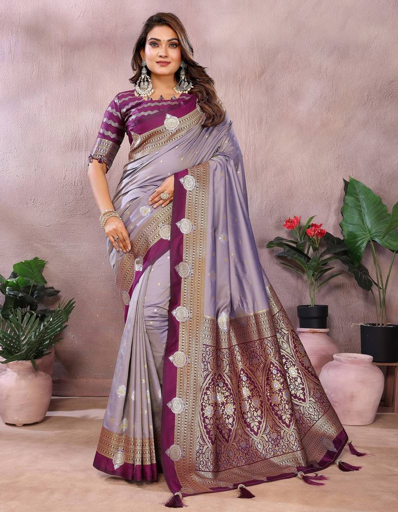 Lavender Pure Handloom Kalamkari Silk With Zari Woven Design Saree With Blouse