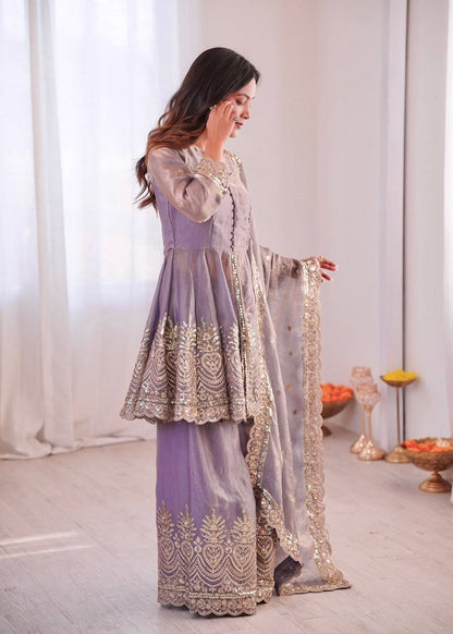 Lavender Fendy Satin With Embroidered Real Mirror Work Plazzo Set