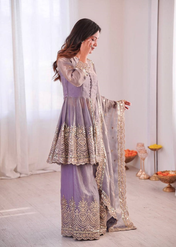 Lavender Fendy Satin With Embroidered Real Mirror Work Plazzo Set