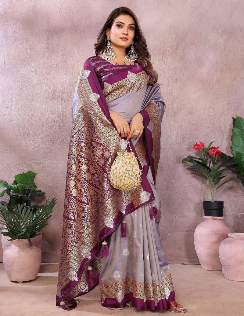Lavender Pure Handloom Kalamkari Silk With Zari Woven Design Saree With Blouse