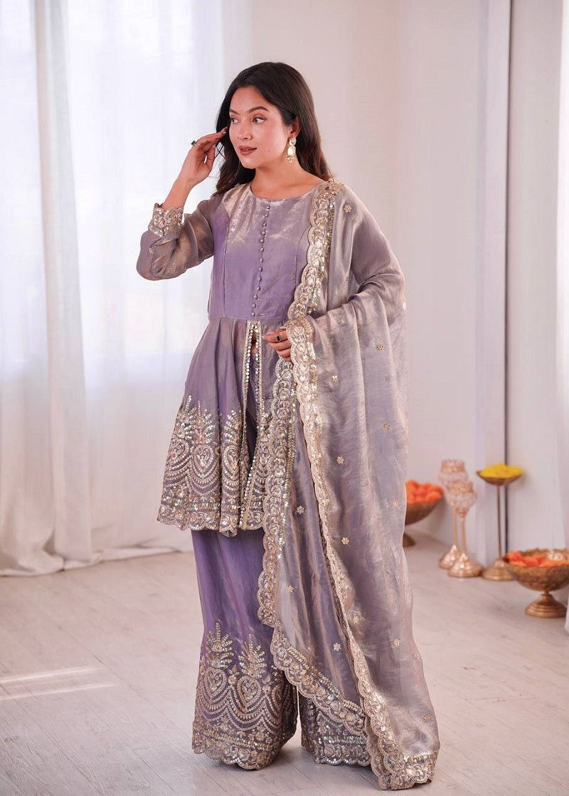 Lavender Fendy Satin With Embroidered Real Mirror Work Plazzo Set