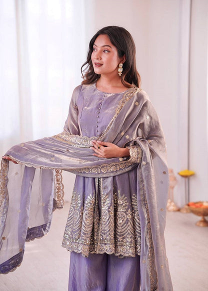 Lavender Fendy Satin With Embroidered Real Mirror Work Plazzo Set