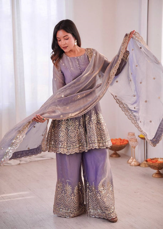 Lavender Fendy Satin With Embroidered Real Mirror Work Plazzo Set