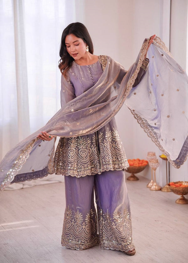 Lavender Fendy Satin With Embroidered Real Mirror Work Plazzo Set