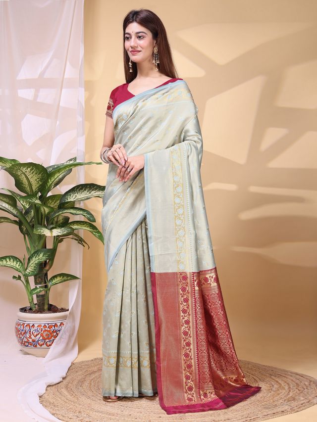 Sky Blue Color Lichi Silk Fabric Beautiful Woven Designer Saree