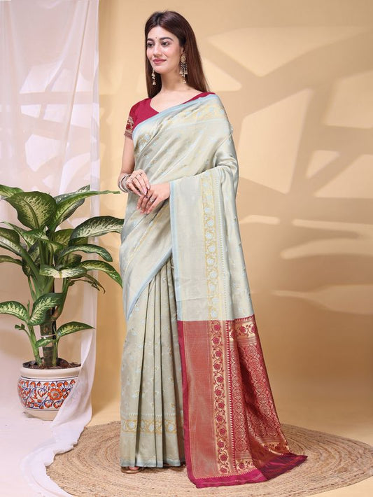 Sky Blue Color Lichi Silk Fabric Beautiful Woven Designer Saree