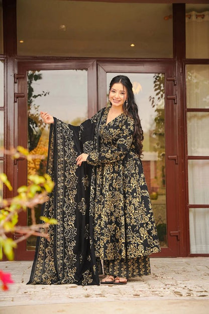 Black Color Muslin Fabric Designer Printed Readymade Ceremonial Palazzo Dress
