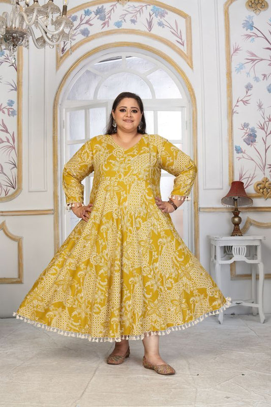Mustard Color Rayon Fabric Designer Printed Plus Size Kurta For Girls