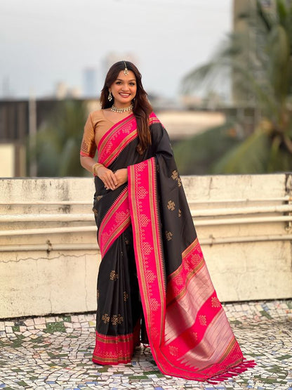 Black Color Soft Silk Woven Designer Saree For Ceremonial Looks