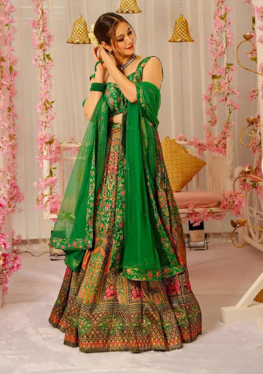 Green Digital Printed Silk Lehenga Set