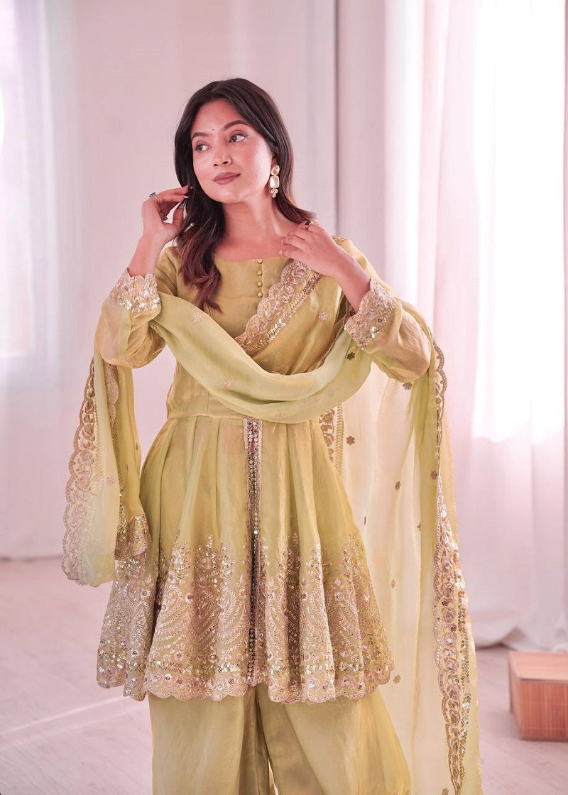 Lemon Fendy Satin With Embroidered Real Mirror Work Plazzo Set