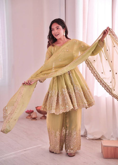Lemon Fendy Satin With Embroidered Real Mirror Work Plazzo Set
