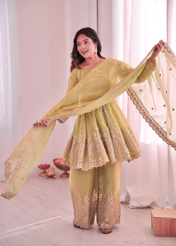 Lemon Fendy Satin With Embroidered Real Mirror Work Plazzo Set