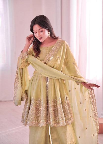 Lemon Fendy Satin With Embroidered Real Mirror Work Plazzo Set