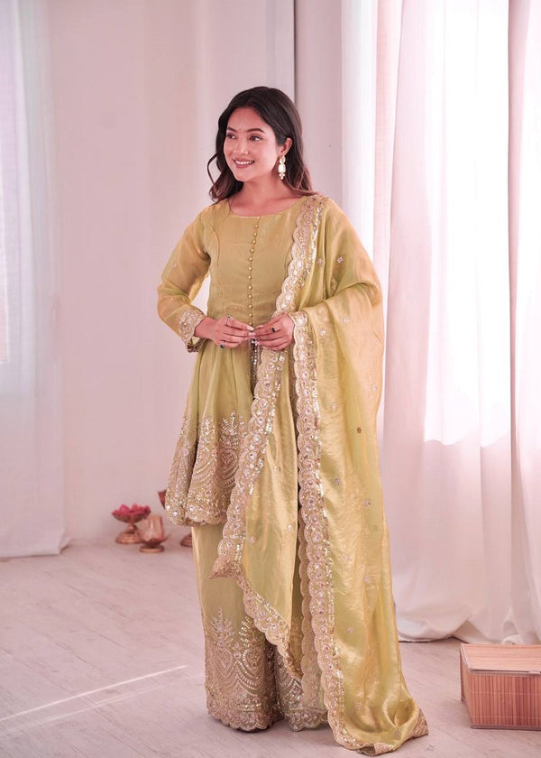 Lemon Fendy Satin With Embroidered Real Mirror Work Plazzo Set