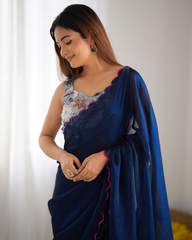 Petrol Color Beautiful Bollywood Style Ceremonial Saree With Beeds Work Blouse