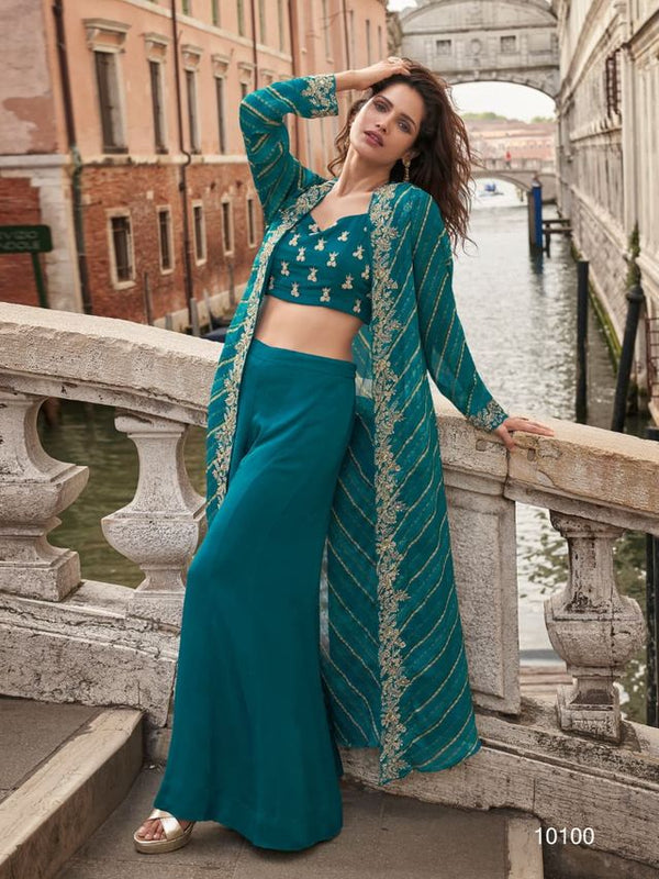Blue Chinon Silk Indowestern Crop Top, Skirt And Shrug Set Free Size Full Stitched Upto 42