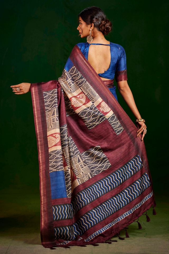 Navy Blue Color Gathan Silk Fabric Designer Digital Printed Partywear Saree
