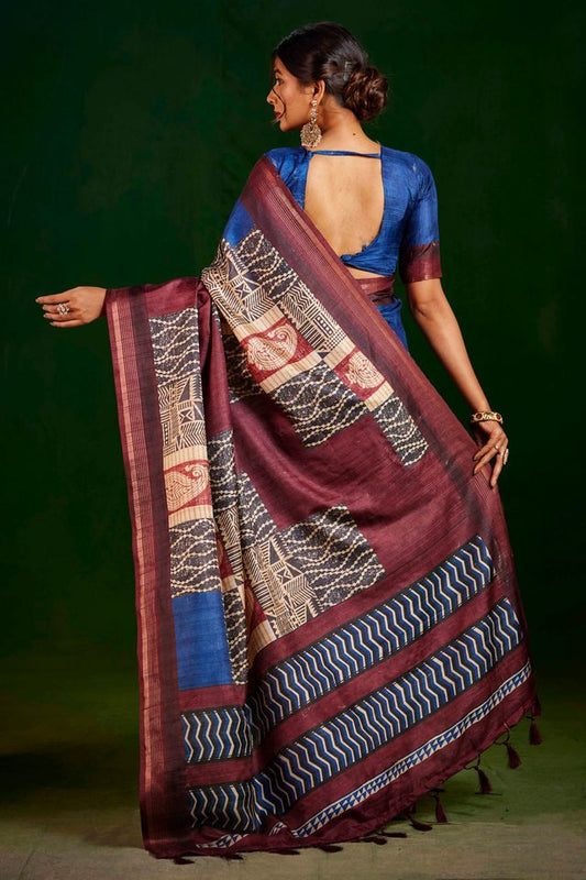 Navy Blue Color Gathan Silk Fabric Designer Digital Printed Partywear Saree
