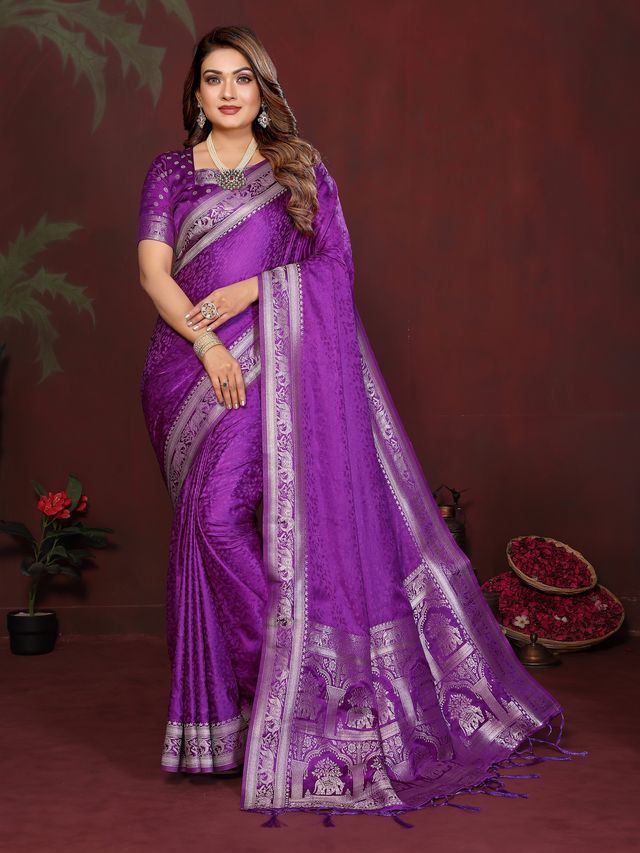 Purple Color Satin Silk Fabric Woven Jari Designer Sophisticated Saree