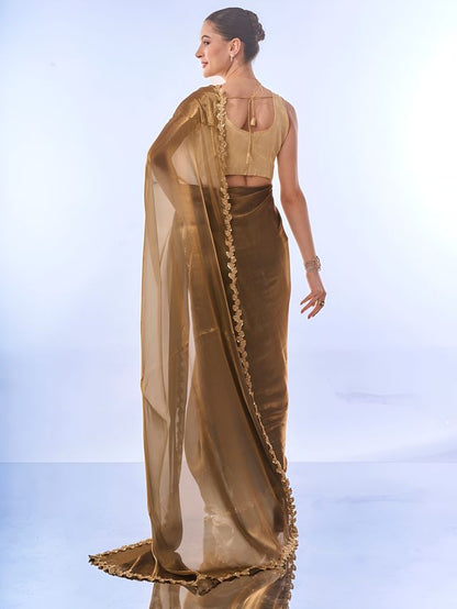 Gold Color Jimmy Choo Fabric Saree With Sequance Codding Lace Border Ethnic Girlie Saree