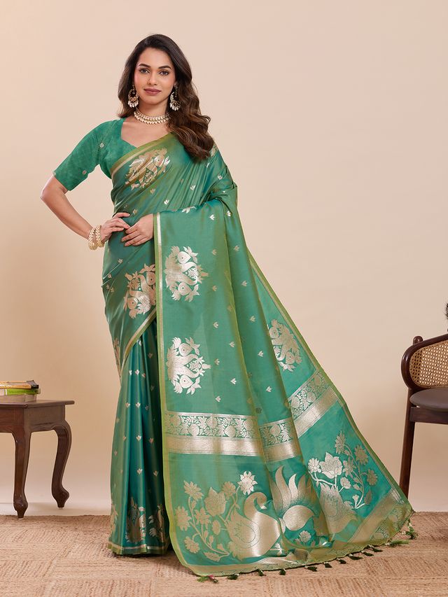 Green Color Soft Silk Fabric Woven Jari Designer Partywear Saree