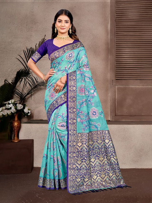 Sky Blue Color Cotton Silk Fabric Woven Meenakari Designer Partywear Saree