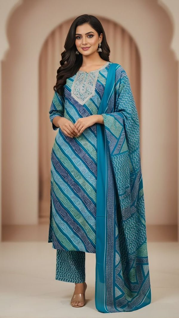 Firozi Color Cotton Fabric Stylish And Trendy Kurta Set For Ethnic Girls