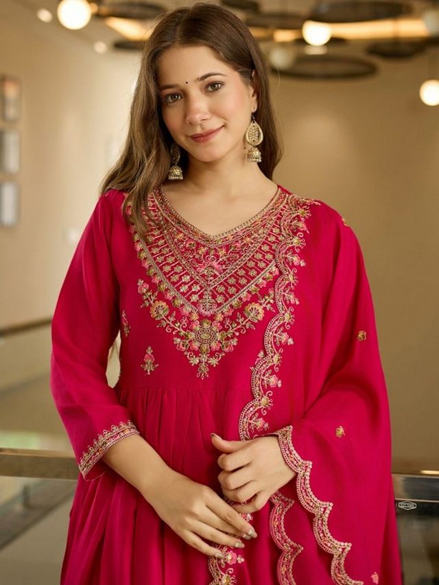 Pink Color Vichitra Silk Fabric Designer Embroidery Work Graceful Partywear Suit