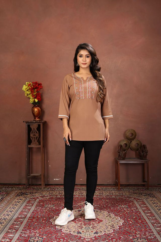Brown Color Rinkal Cotton Fabric Formal Looking Casual Short Kurta