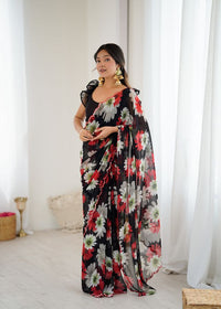 Black Color Georgette Fabric Designer Printed Bollywood Style Saree