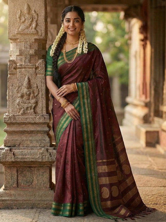 Maroon Color Soft Silk Fabric Woven Jari Designer Ethnic Party Looks Saree