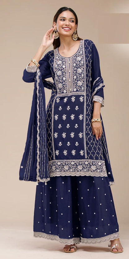 Blue Color Georgette Fabric Designer Embroidered Palazzo Suit For Girls