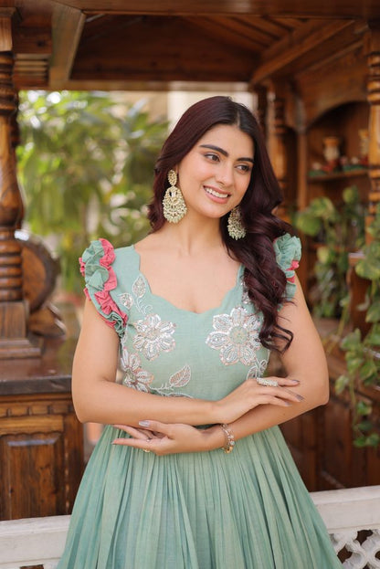 Green Color Beautiful Girlie Readymade Gown For Graceful Girlie Looks