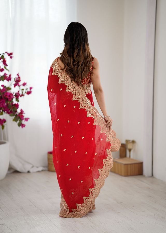 Red Color Fendy Chiffon Fabric Beautiful Embroidered Saree