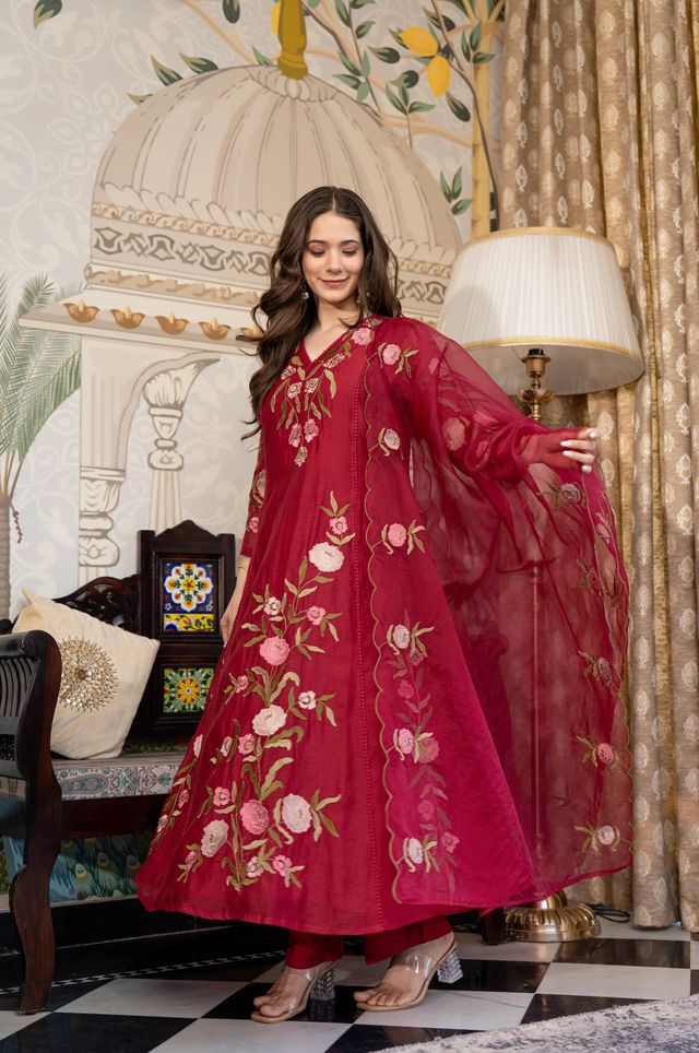 Maroon Color Beautiful Readymade Dress On Muslin Fabric For Graceful Girlie Looks