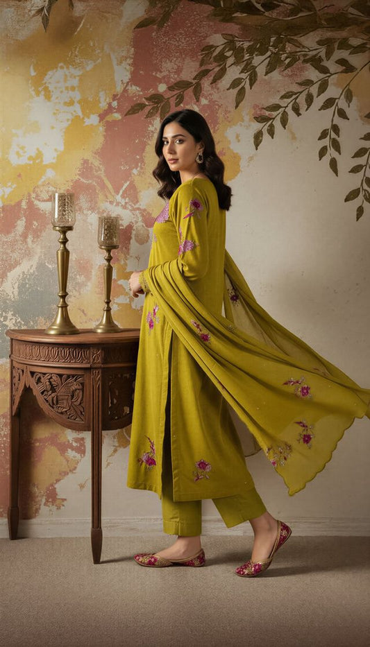 Green Color Chanderi Fabric Designer Embroidered Readymade Suit