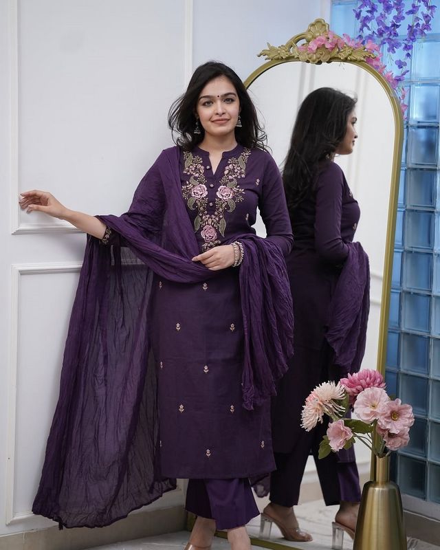 Wine Color Ethnic Cotton Silk Fabric Readymade Kurta Set With Dupatta