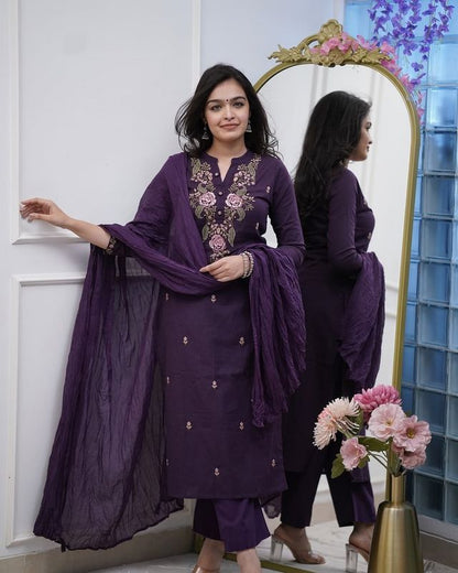 Wine Color Ethnic Cotton Silk Fabric Readymade Kurta Set With Dupatta