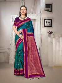 Teal Blue Color Silk Blended Woven Designer Ethnic Partywear Saree