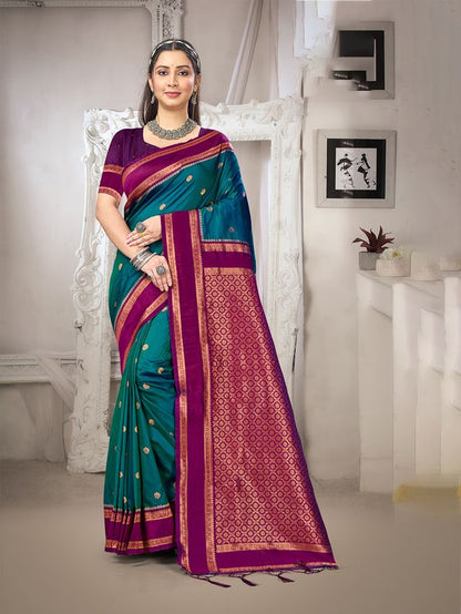 Teal Blue Color Silk Blended Woven Designer Ethnic Partywear Saree