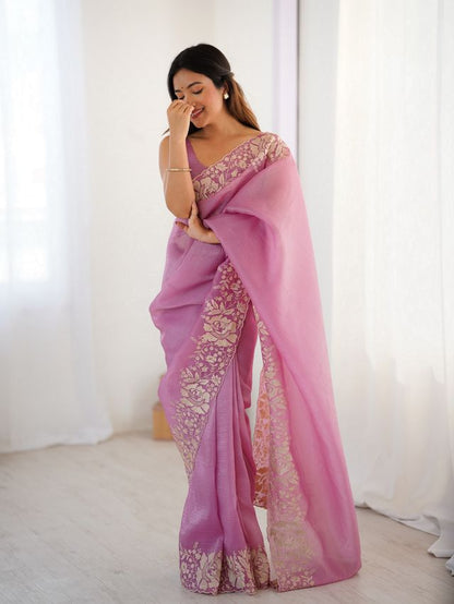 Pink Color Candy Crush Fabric Beautiful Partywear Saree For Girlie Looks