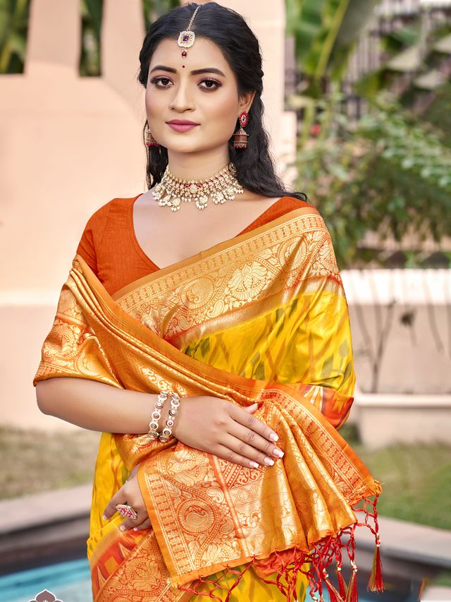 Yellow Color Pochampalli Silk Fabric Woven designer Ethnic Partywear Saree
